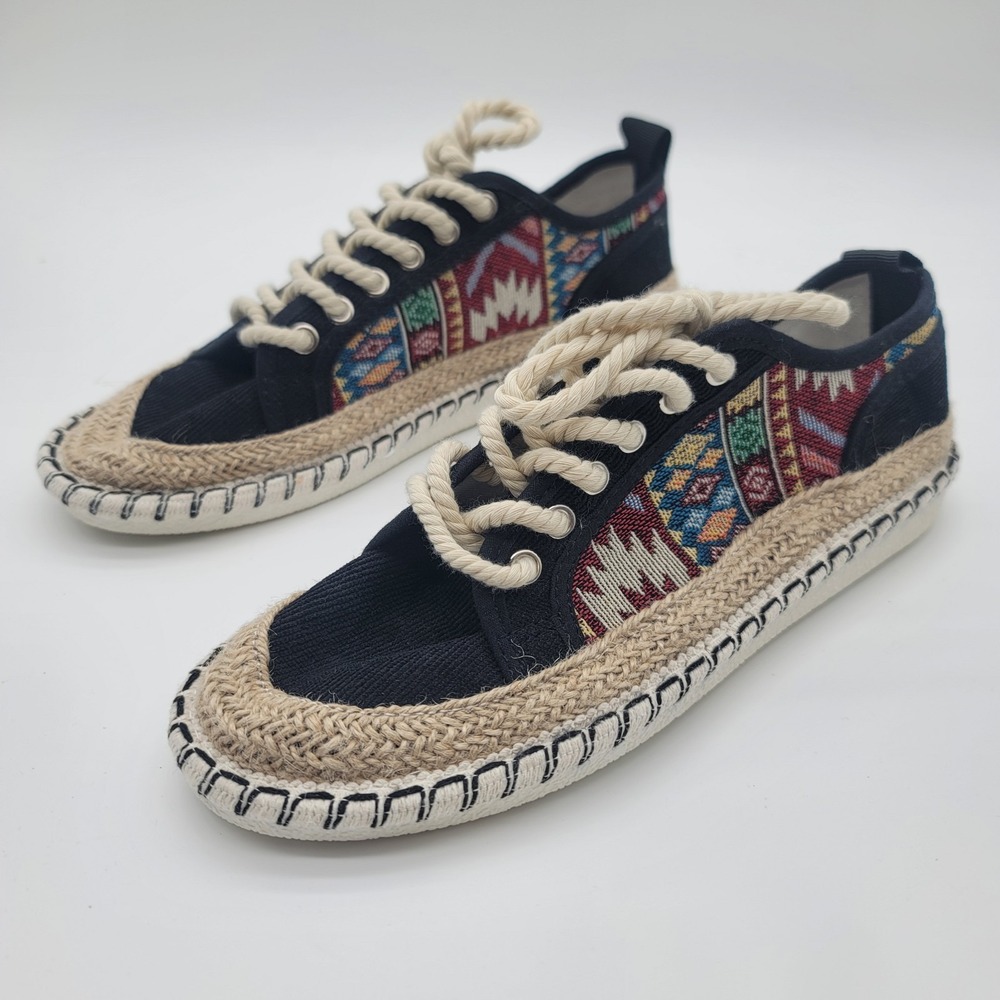 Kayleen Espadrille Sneakers Womens 9 Black Tribal Lace Up Canvas Boho Shoes